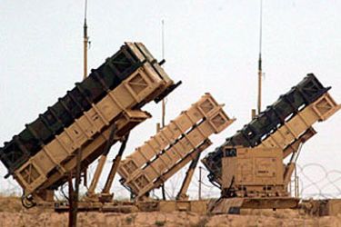 A battery of U.S manned Patriot missiles protect a nearby British and U.S airbase in Kuwait March 16, 2003.