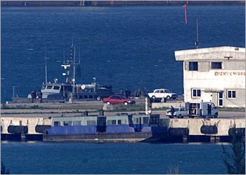 A Havana Bay ferry that was hijacked with people aboard early on April 2 by armed men trying to reach the United States, is pictured April 3, 2003, at Mariel port west of Havana, where it was towed after running out of fuel 30 miles (45 km) off-shore. Cuba on Thursday threatened to use force to free about 40 hostages being held on a ferry in a Cuban port by hijackers who want to take the boat to the United States. REUTERS/Rafael Perez