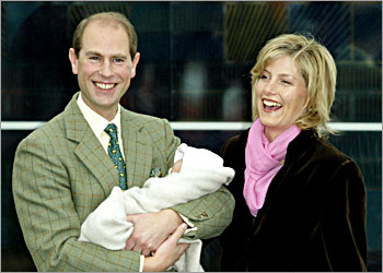 The Earl and Countess of Wessex leave Frimley Park Hospital, near London with their new born daughter November 23, 2003. The baby was delivered by emergency caesarean section two weeks ago. REUTERS
