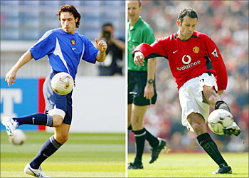 F_This combo shows (L) Russian midfielder Alexander Mostovoi 08 June 2002 in Yokohama and Welsh Ryan Giggs 05 April 2003 in Manchester. Russia will play Wales 15 November 2003 in Moscow in a Euro 2004 first leg play off. AFP PHOTO FILES