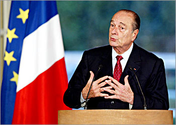 French President Jacques Chirac gives a speech at the Elysee Palace, to announce his position on relations between religion and the state, 17 December 2003 in Paris. The Stasi commission, appointed last July by the president, handed a report urging legislation aimed at banning "conspicuous" religious signs in schools last thursday. AFP PHOTO PATRICK KOVARIK