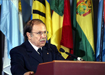 F_Algerian President Abdelaziz Bouteflika speaks during the opening session of the first Latin, African and Carraibean conference (AFROLAC) 12 February 2004, in Algiers. The conference is attended by Energy ministers of the two continents. AFP PHOTO/HOCINE ZAOURAR