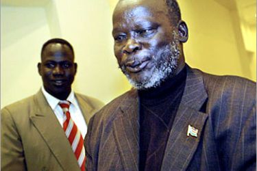 SPLA (Sudan People's liberation Army) leader Dr John Garang leaves a meeting with the chairperson of the African Union Commission, Alpha Konare, in the Addis Ababa AU headquarters 05 February 2005