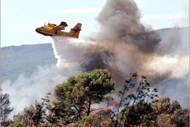 AFP - A waterbombing aircraft spreads water over a forest to fight against a fire raging through dry woodland in Puget-sur-Argens, French Riviera, 05 July 2005. Five thousand people
