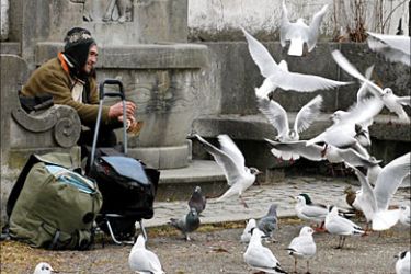 f_A homeless man feeds doves at the port of the Lindau island at the Lake Constance, southern Germany