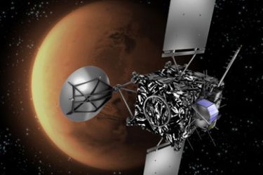 Artist's impression of the European Space Agency (ESA) probe Rosetta with Mars in the background. A European comet-chasing spacecraft is set for a nail-biting