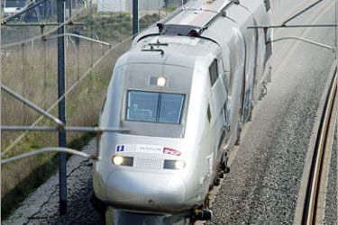 AFP / France's V150 TGV fast train goes on the new high-speed line, 03 April 2007 in Thiaucourt (eastern France). Later the TGV sets a new world speed record for a train on rails, hitting 574.7 kilometres per hour (357 miles per hour) on a 73-kilometre (45.3 mile) stretch of track between Paris and the