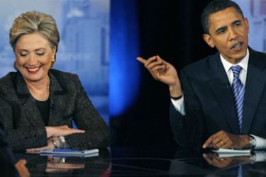 US Democratic presidential candidates Senator Barack Obama (D-IL) (R) makes a point as Senator Hillary Clinton (D-NY) (L) reacts in the last debate before the Ohio primary in Cleveland, Ohio