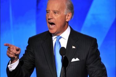 afp : US Democratic vice presiential nominee Sen. Joe Biden accepts the nomination to be Sen. Barack Obama's running mate during the Democratic National Convention at the Pepsi