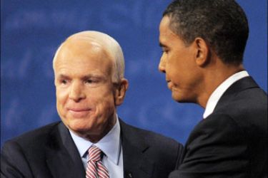afp : Republican presidential nominee John McCain shakes hands with Democratic presidential nominee Barack Obama September 26, 2008 following the first presidential debate in