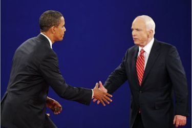 AFPDemocratic presidential candidate Sen. Barack Obama (L) D-IL shakes hands at the conclusion of the debate with Republican presidential candidate Sen.