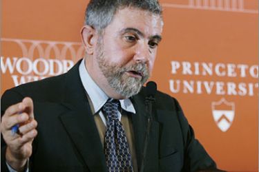 REUTERS/Nobel prize winner in economics, Princeton University professor Paul Krugman gestures while speaking at a news conference on the campus
