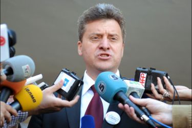 afp : George Ivanov, the candidate from the ruling centre-right VMRO-DPMNE party, talks to journalists after casting his ballot on a polling station in Skopje on April 5, 2009. The