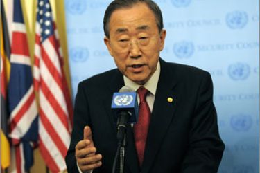 United Nations Secretary General Ban Ki-moon speaks to the press at the United Nations Headquarters October 20, 2009. Ban warned Tuesday of "huge challenges"
