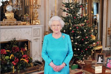 Picture dated on December 10, 2009 shows Queen Elizabeth II posing prior to the recording of her Christmas Day broadcast to the Commonwealth, in the White Drawing Room at Buckingham Palace.