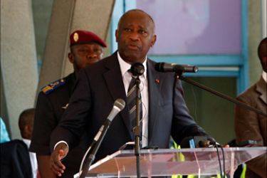 r_Ivory Coast's President Laurent Gbagbo speaks during the opening ceremony of celebrations marking the 50th anniversary of the country's independence, at the presidential