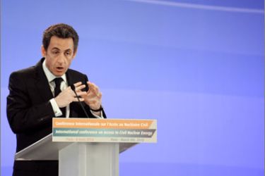 French president Nicolas Sarkozy, delivers a speech at the opening of the International Conference on Access to Civil Nuclear Energy, on March 8, 2010 in Paris.