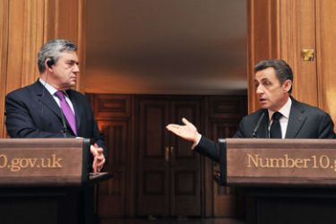 French President Nicolas Sarkozy addresses (R) a press conference with British Prime Minister Gordon Brown at 10 Downing Street in London, on March 12, 2010.