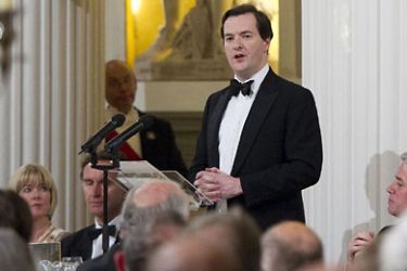 British Chancellor of the Exchequer George Osborne speaks at the Lord Mayor's dinner to the Bankers and Merchants of the City of London at Mansion House in London, England, on June 16, 2010. AFP