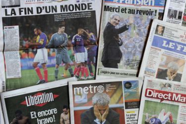 A picture taken on June 23, 2010 shows French newspapers frontpages a day after the French national football team's humiliating exit from the World Cup in South Africa.