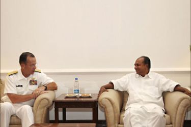 The US Joint Chiefs of Staff Admiral Mike Mullen (C) is watched by US Ambassador to India Timothy J. Roemer (2L) as he speaks with Indian Defence Minister A.K. Antony (R) during a meeting in New Delhi on July 23, 2010