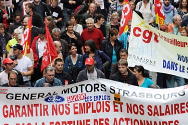 FRANCE : Protestors march on September 7, 2010 in Strasbourg, eastern France, during a one-day national strike action against a gouvernment pension reform bill.