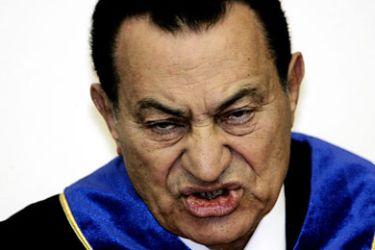 (FILES) A picture taken on May 29, 2004 shows Egyptian President Hosni Mubarak addressing the audience at the Moscow State Institute of Foreign Affairs. Mubarak stepped down and handed power to the Supreme Council of the Armed Forces on February 11, 2011 . AFP