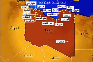 خارطة ليبيا وعليها توضيح انضمام المدن والقبائل للثورة بالإضافة إلى البريقة وراس لانوف