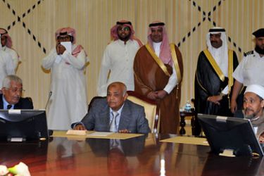 Yemeni oppostion leaders Yassin Said Noman, Mohammed Salem Bassandawa and Abdelwahab Al-Ansi attend a Gulf Cooperation Council (GCC) foreign ministers' extraordinary meeting in Riyadh on April 17, 2011