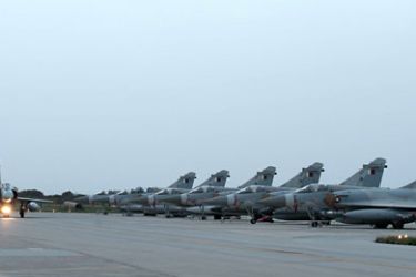 epa02664540 Handout photo issued by the French Ministry of Defense on 01 April 2011 shows Mirage 2000 jets fighter at the Souda military base in Crete Island, on 30 March 2011.