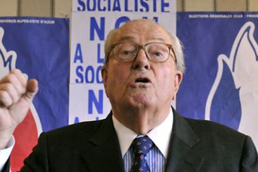 A file picture taken on March 24, 2011 shows French former president of the far right party Front national (FN), Jean-Marie Le Pen, speaking during a press conference to support FN candidates before the second round of France's local elections, in Marseille, southern France. In a weekly video blog published on the party's website on July 29, 2011,