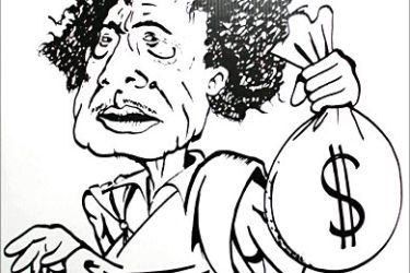 لوحة للفنان قيس الهلالي،القذافي هارب بحفنة دولارات ( الجزيرة نت ).