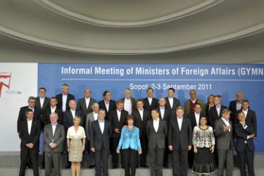 Foreign Ministers pose for a family photo at the informal meeting of EU foreign ministers starts in the Baltic resort of Sopot, Poland, on September 2, 2011.
