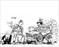 كاريكاتير لعلي فرزات يصور فيه بشار الأسد بصدد مرافقة القذافي