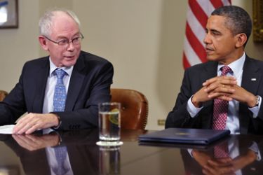 European Council President Herman Van Rompuy (L) speaks following a summit with US President Barack Obama (R) November 28, 2011 in the Roosevelt Room of the White House in Washington, DC.