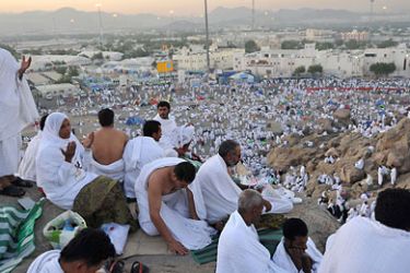 Muslim pilgrims gather to pray at Mount Arafat near the holy city of Mecca, early on November 5, 2011. More than two million Muslims began massing on Saudi Arabia's Mount Arafat and its surrounding plain, marking the peak day of the largest annual pilgrimage. AFP PHOTO/FAYEZ NURELDINE