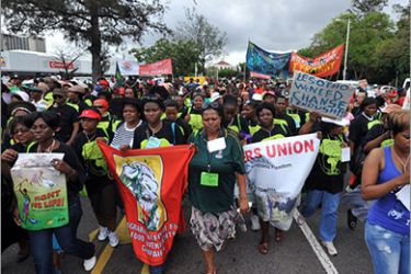 Hundreds of protesters, mostly women farmers, demonstrate before riot police blocked them from entering the UN climate talks on December 2, 2011 in Durban. Gathered from 10 countries across southern Africa