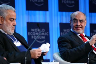 Prime Minister of Tunisia Hamadi Jebali (R) smiles next to Moroccan Prime Minister Abdelilah Benkirane during a debate focused on Northern Africa during the World Economic Forum (WEF) at the congress center of the Swiss resort of Davos, on January 27, 2012. The third day of the elite gathering will also focus on events in the wider Middle East with an address from Hamadi Jebali, the post-revolution Islamist premier of Tunisia, and a debate on Iran's nuclear ambitions. AFP