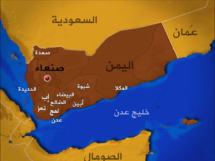 خارطة اليمن موضحا عليها المدن التي تشهد احتجاجات