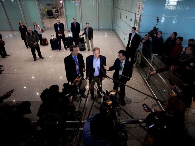 US Special Envoy for North Korean Human Rights Issues Robert King (C) speaks to the media after arriving at Beijing's international airport on March 6, 2012. King is to hold talks with North Korean officials on March 7.