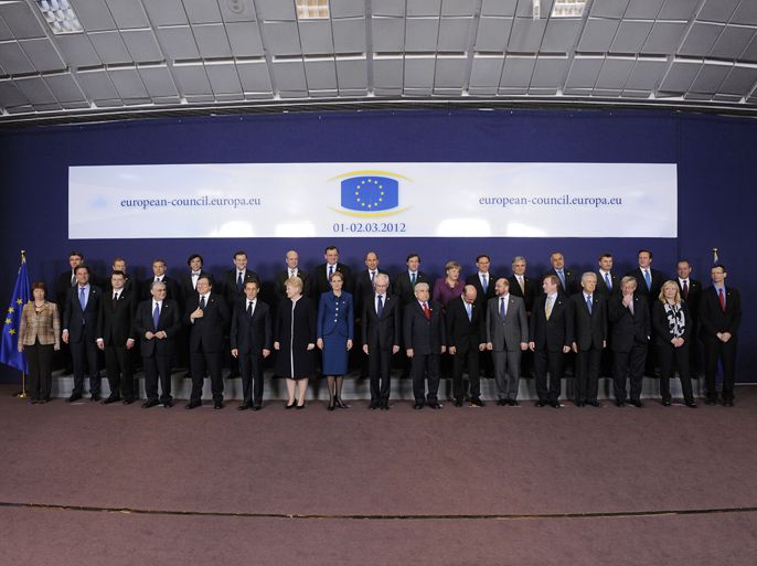 European leaders pose for a family picture before the first working session of a two-day EU summit on March 1, 2012 at the EU headquarters in Brussels. The summit gathering Union's chiefs of state will focus on signing a budgetary pact and to discuss Serbia's EU candidacy.