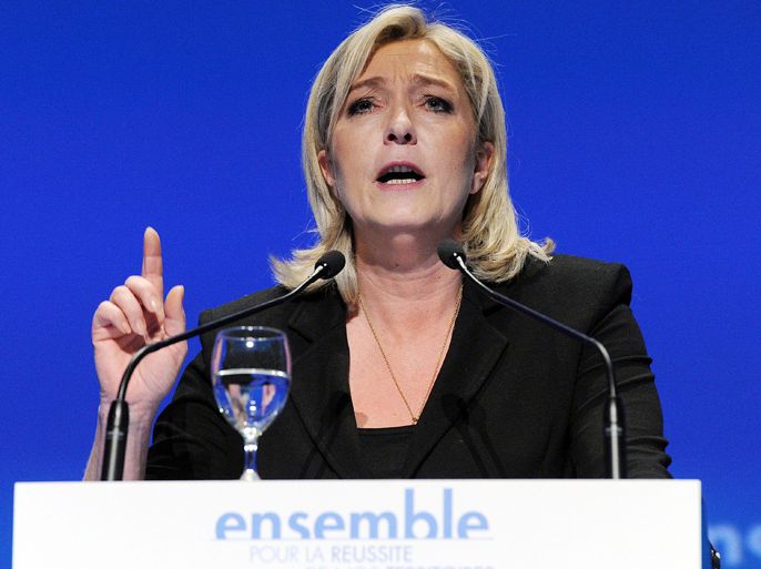 French far-right party Front national (FN) president and FN candidate for 2012 French presidential election Marine Le Pen delivers a speech during the 66th annual congress of the National Federation of Agricultural Holders' Unions (FNSEA), on March 29, 2012 in Montpellier, southern France. The slogan reads : "For the success of our territories".AFP