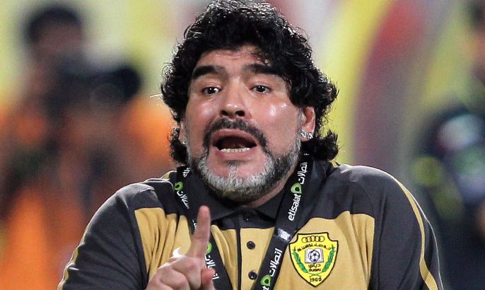 epa03060950 (FILE) A file picture dated 16 October 2011 shows Al-Wasl Club's head coach Diego Maradona during the Etisalat Pro-League soccer match against Al-Sharjah Club at Al-Wasl Club stadium in Dubai, United Arab Emirates. Diego Maradona was admitted to a hospital 15 January 2012 in the Gulf emirate Dubai to undergo surgery to have kidney stones removed, sources close to the Argentinian football coach said. EPA/ALI HAIDER *** Local Caption *** 00000402969272
