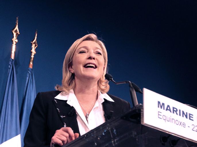 French far right party Front National (FN) candidate Marine Le Pen speaks during the election night rally of her party on the evening of the first round of the 2012 French Presidential election on April 22, 2012 in Paris. Far-right candidate Marine Le Pen won 18.2 to 20 percent in Sunday's first-round of the French presidential election, official estimates said, the highest ever score for her anti-immigrant party. AFP PHOTO / JOEL SAGET