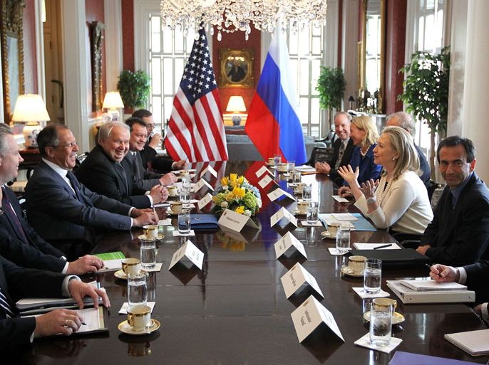 WASHINGTON, DC - APRIL 12: U.S. Secretary of State Hillary Clinton (3rd R) holds a bilateral meeting with Russian Foreign Minister Sergey Lavrov (3rd L) April 12, 2012 at the Blair House in Washington, DC. Secretary Clinton hosted her counterparts from the G8 Foreign Ministers Meeting to discuss global issues. Alex Wong/Getty Images/AFP== FOR NEWSPAPERS, INTERNET, TELCOS & TELEVISION USE ONLY ==