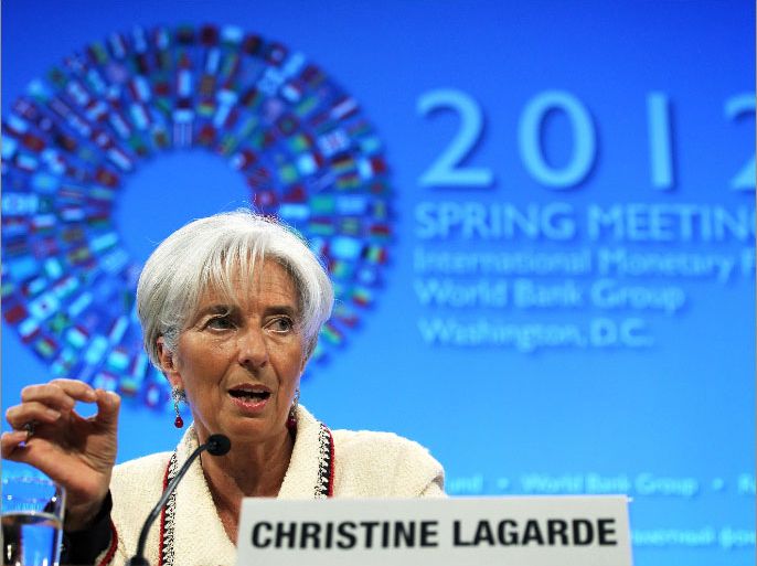 WASHINGTON, DC - APRIL 19: International Monetary Fund Managing Director Christine Lagarde speaks during a briefing at the IMF headquarters April 19, 2012 in Washington, DC. The International Monetary Fund and World Bank are holding their 2012 spring meeting through April 21. Alex Wong/Getty Images/AFP== FOR NEWSPAPERS, INTERNET, TELCOS & TELEVISION USE ONLY ==