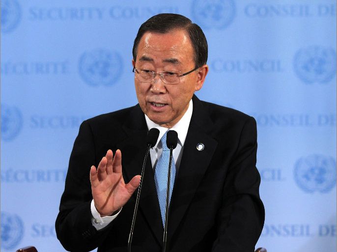 NEW YORK, NY - APRIL 19: United Nations Secretary-General Ban Ki-moon speaks to the media following a Security Council meeting in which the crisis situation in both Syria and South Sudan were discussed on April 19, 2012 in New York City. The UN Secretary used a letter to the Security Council to advocate for the approval of an expanded mission of 300 observers to Syria for an initial three-month period. The Secretary also warned that Syria hadn't fully complied with the truce. Spencer Platt/Getty Images/AFP== FOR NEWSPAPERS, INTERNET, TELCOS & TELEVISION USE ONLY ==