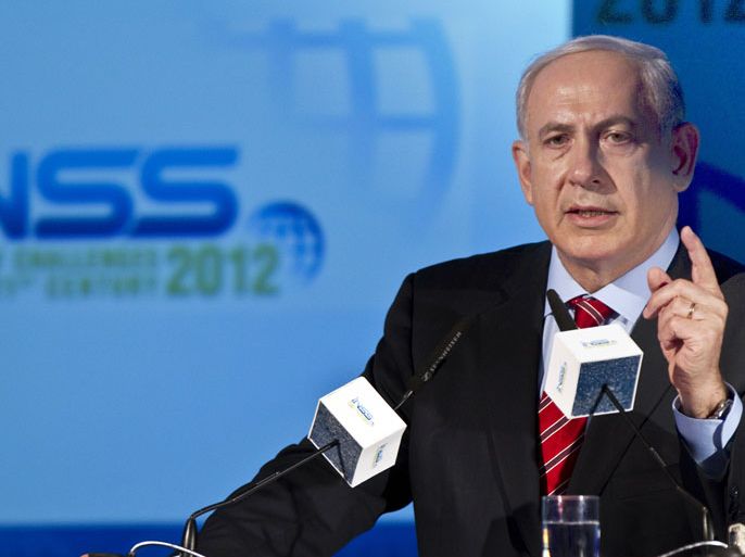 Israeli Prime Minister Benjamin Netanyahu delivers a speech during the 5th Annual International Conference: Security Challenges of the 21st Century, at the Tel Aviv University on May 29, 2012. AFP PHOTO / JACK GUEZ