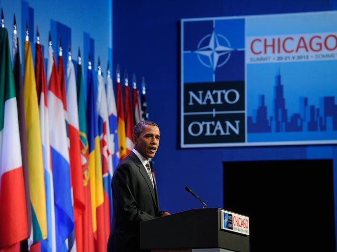 Chicago, Illinois, UNITED STATES : CHICAGO, IL - MAY 21: U.S. President Barack Obama speaks at a press conference during the NATO Summit at McCormick Place on May 21, 2012 in Chicago, Illinois. As sixty heads of state converge for the two day summit that will address the situation in Afghanistan among other global defense issues, thousands of demonstrators have taken the streets to protest. Kevork Djansezian/Getty Images/AFP== FOR NEWSPAPERS, INTERNET, TELCOS & TELEVISION USE ONLY