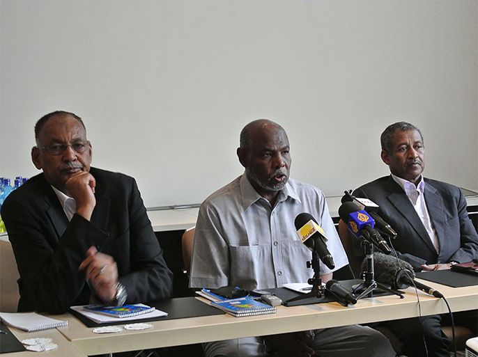 Mutrif Siddiq (C), member of Khartoum's delegation, speaks to reporters in Addis Ababa on July 23, 2012. Sudan today turned down South Sudan's proposal of a higher oil transit fee and an 8.2 billion USD financial deal, ruling out any comprehensive settlement of outstanding issues by the August 2 deadline. AFP